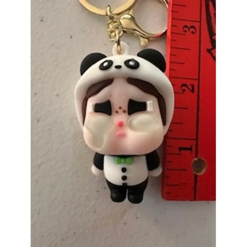 Panda Crying Girl Figurine Keychain Good Luck Wristlet Strap Bag Charm Gold Tone